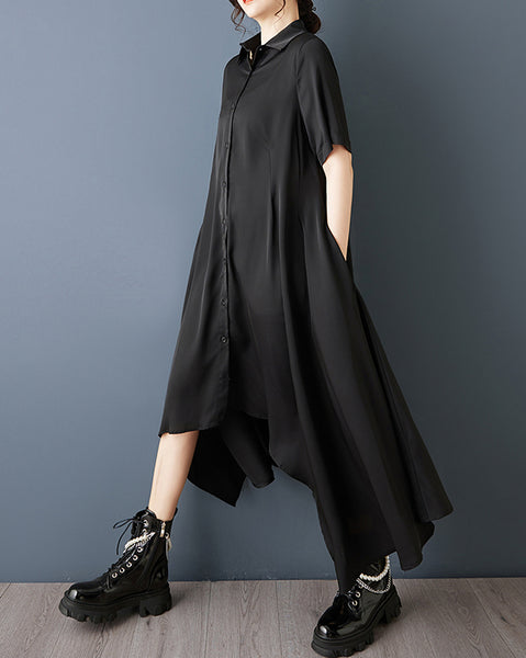 ellazhu Women's Asymmetrical Shirt Dress Loose Pleated Short Sleeve Button Down Maxi Plus Size Dark Gothic GZ888