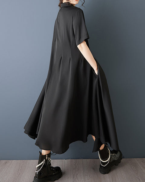 ellazhu Women's Asymmetrical Shirt Dress Loose Pleated Short Sleeve Button Down Maxi Plus Size Dark Gothic GZ888