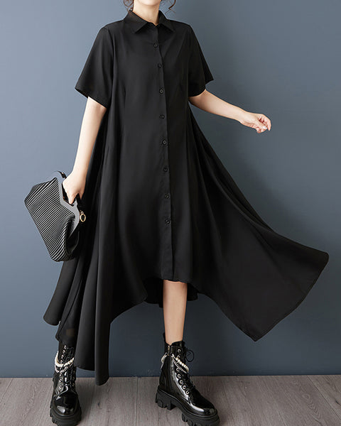 ellazhu Women's Asymmetrical Shirt Dress Loose Pleated Short Sleeve Button Down Maxi Plus Size Dark Gothic GZ888
