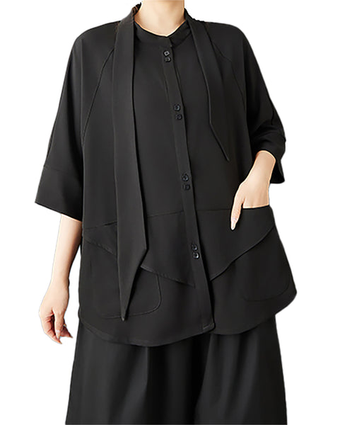 ellazhu Women's Oversized Shirt Scarf Collar Button Down Loose Plus Size Asymmetrical Hem Top Large Pockets GZ889