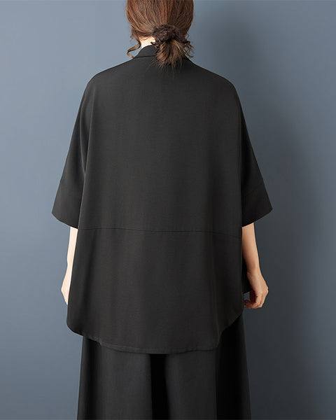 ellazhu Women's Oversized Shirt Scarf Collar Button Down Loose Plus Size Asymmetrical Hem Top Large Pockets GZ889