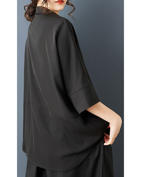 ellazhu Women's Oversized Shirt Scarf Collar Button Down Loose Plus Size Asymmetrical Hem Top Large Pockets GZ889