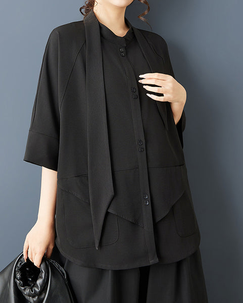 ellazhu Women's Oversized Shirt Scarf Collar Button Down Loose Plus Size Asymmetrical Hem Top Large Pockets GZ889