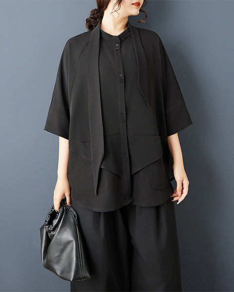 ellazhu Women's Oversized Shirt Scarf Collar Button Down Loose Plus Size Asymmetrical Hem Top Large Pockets GZ889