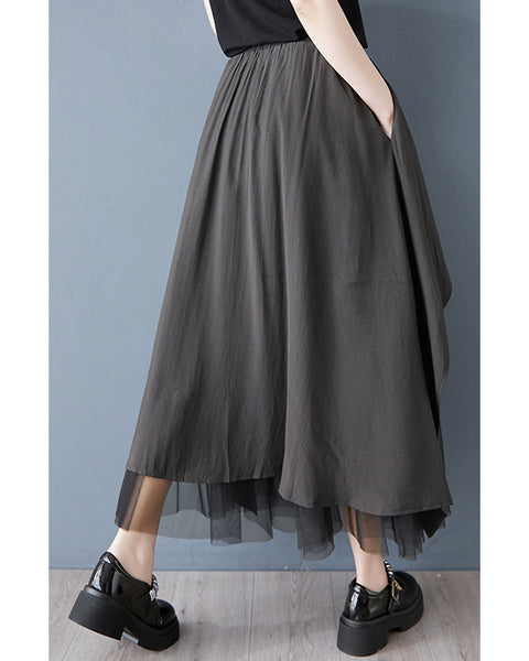 ellazhu Women's Tulle Midi Skirt Elastic Waist Asymmetrical Layered Mesh Skirt Loose Plus Size Flowy GZ891