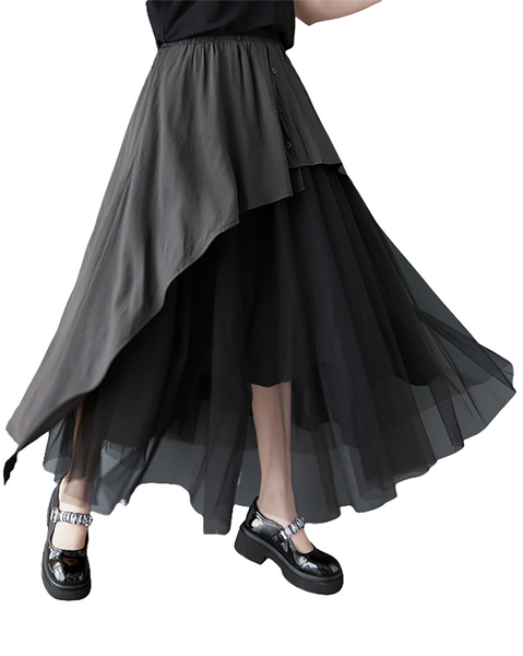 ellazhu Women's Tulle Midi Skirt Elastic Waist Asymmetrical Layered Mesh Skirt Loose Plus Size Flowy GZ891