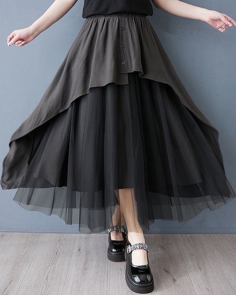 ellazhu Women's Tulle Midi Skirt Elastic Waist Asymmetrical Layered Mesh Skirt Loose Plus Size Flowy GZ891