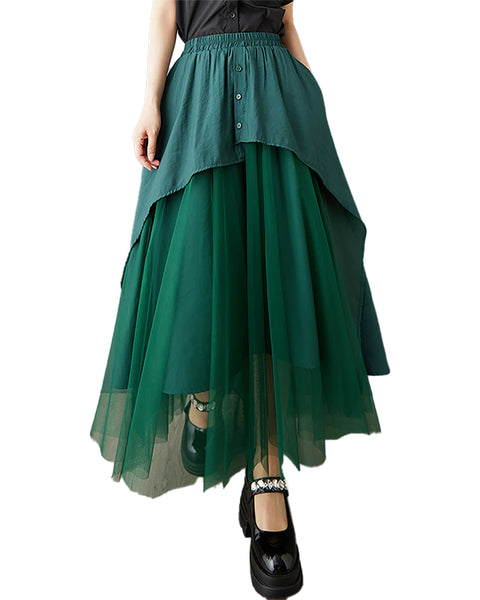 ellazhu Women's Tulle Midi Skirt Elastic Waist Asymmetrical Layered Mesh Skirt Loose Plus Size Flowy GZ891