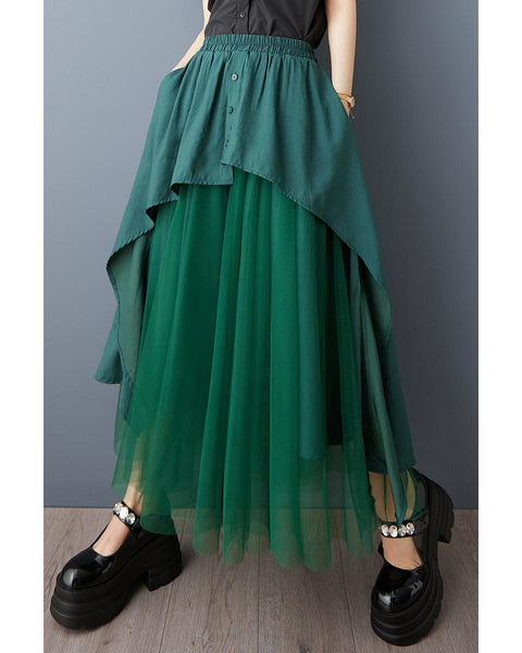 ellazhu Women's Tulle Midi Skirt Elastic Waist Asymmetrical Layered Mesh Skirt Loose Plus Size Flowy GZ891