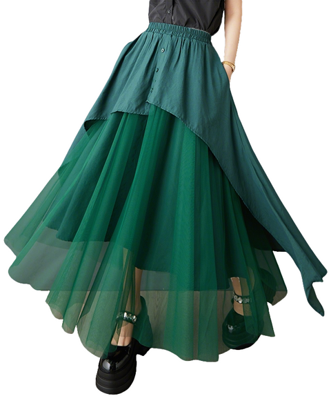 ellazhu Women's Tulle Midi Skirt Elastic Waist Asymmetrical Layered Mesh Skirt Loose Plus Size Flowy GZ891