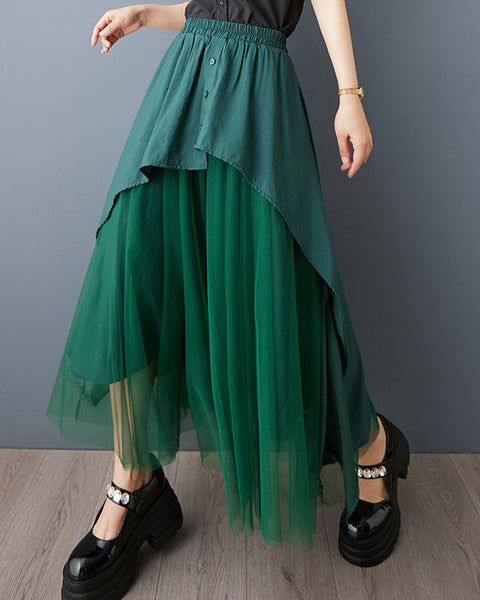 ellazhu Women's Tulle Midi Skirt Elastic Waist Asymmetrical Layered Mesh Skirt Loose Plus Size Flowy GZ891
