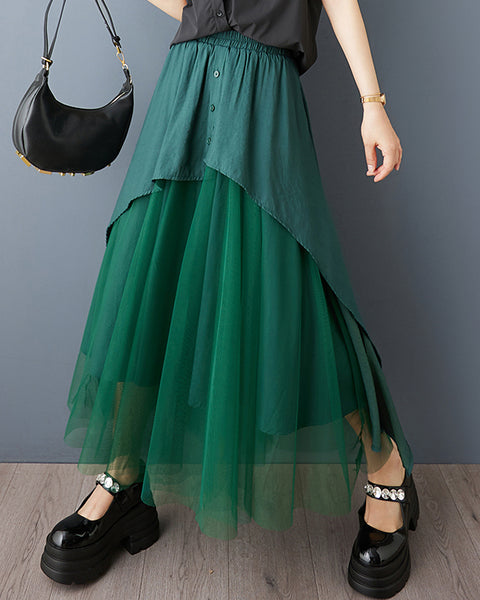 ellazhu Women's Tulle Midi Skirt Elastic Waist Asymmetrical Layered Mesh Skirt Loose Plus Size Flowy GZ891