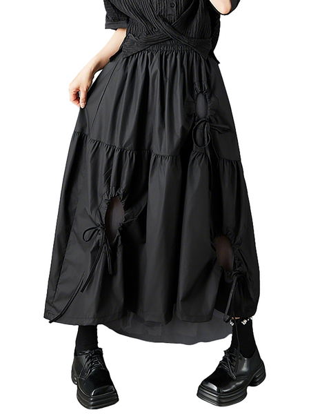 ellazhu Women's Asymmetrical Midi Skirt Elastic Waist Hollow Out Mesh Patchwork Layered Plus Size Flowy GZ892