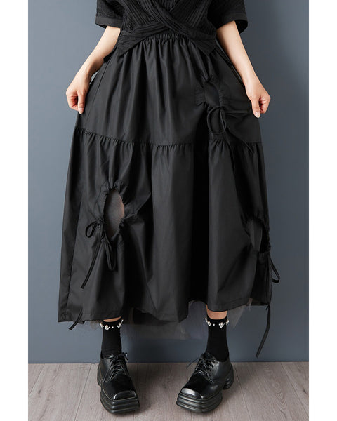 ellazhu Women's Asymmetrical Midi Skirt Elastic Waist Hollow Out Mesh Patchwork Layered Plus Size Flowy GZ892