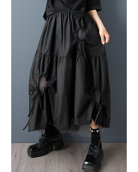 ellazhu Women's Asymmetrical Midi Skirt Elastic Waist Hollow Out Mesh Patchwork Layered Plus Size Flowy GZ892