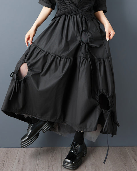 ellazhu Women's Asymmetrical Midi Skirt Elastic Waist Hollow Out Mesh Patchwork Layered Plus Size Flowy GZ892