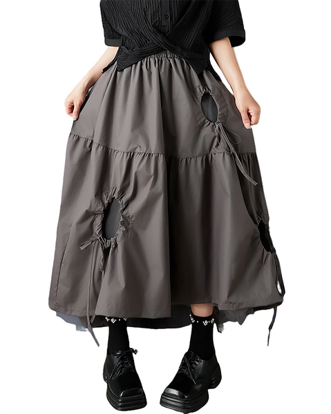 ellazhu Women's Asymmetrical Midi Skirt Elastic Waist Hollow Out Mesh Patchwork Layered Plus Size Flowy GZ892