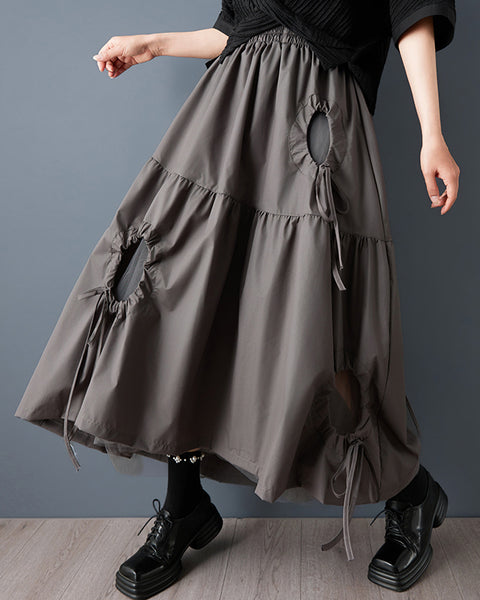 ellazhu Women's Asymmetrical Midi Skirt Elastic Waist Hollow Out Mesh Patchwork Layered Plus Size Flowy GZ892