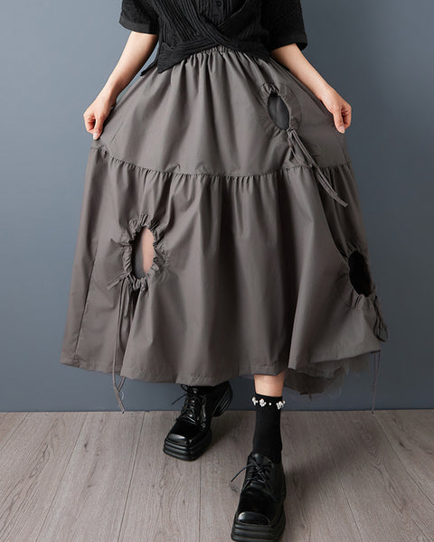 ellazhu Women's Asymmetrical Midi Skirt Elastic Waist Hollow Out Mesh Patchwork Layered Plus Size Flowy GZ892