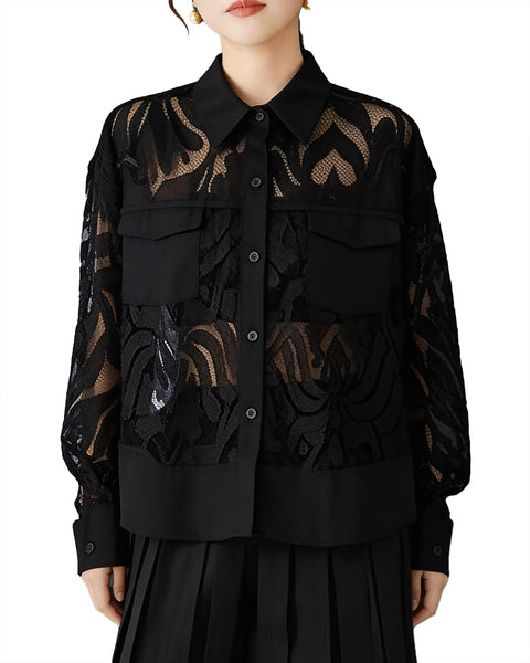 ellazhu Women's Lace Shirt Blouse Sheer Jacquard Mesh Patchwork Button Down Long Sleeve Loose Oversized Top GZ893