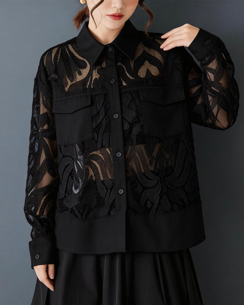 ellazhu Women's Lace Shirt Blouse Sheer Jacquard Mesh Patchwork Button Down Long Sleeve Loose Oversized Top GZ893