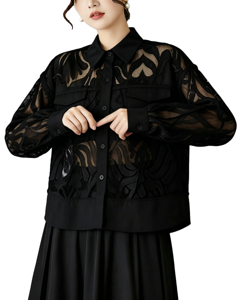 ellazhu Women's Lace Shirt Blouse Sheer Jacquard Mesh Patchwork Button Down Long Sleeve Loose Oversized Top GZ893
