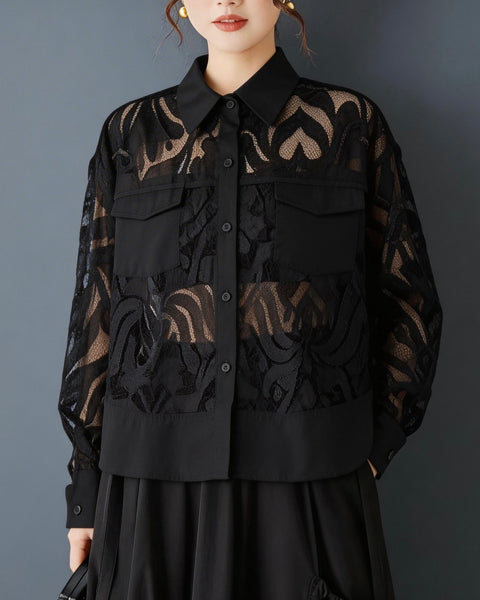 ellazhu Women's Lace Shirt Blouse Sheer Jacquard Mesh Patchwork Button Down Long Sleeve Loose Oversized Top GZ893