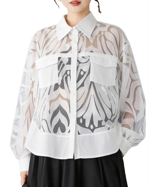 ellazhu Women's Lace Shirt Blouse Sheer Jacquard Mesh Patchwork Button Down Long Sleeve Loose Oversized Top GZ893