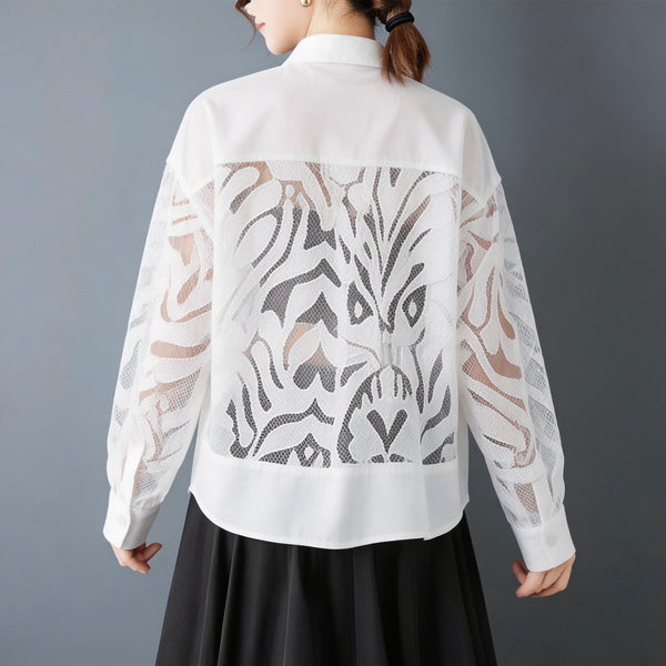 ellazhu Women's Lace Shirt Blouse Sheer Jacquard Mesh Patchwork Button Down Long Sleeve Loose Oversized Top GZ893