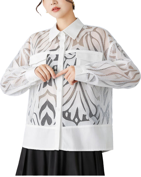 ellazhu Women's Lace Shirt Blouse Sheer Jacquard Mesh Patchwork Button Down Long Sleeve Loose Oversized Top GZ893