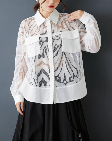 ellazhu Women's Lace Shirt Blouse Sheer Jacquard Mesh Patchwork Button Down Long Sleeve Loose Oversized Top GZ893