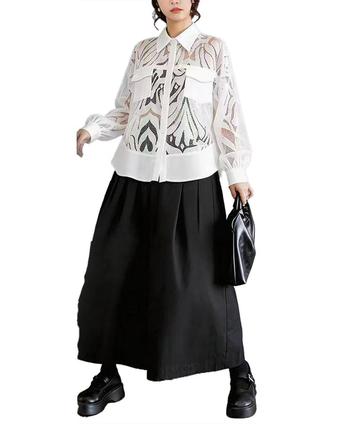 ellazhu Women's Lace Shirt Blouse Sheer Jacquard Mesh Patchwork Button Down Long Sleeve Loose Oversized Top GZ893
