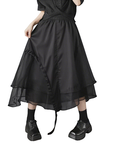 ellazhu Women's Black Organza Midi Skirt Elastic Waist Asymmetrical Layered Drawstring Puffy Skirt Elegant GZ894