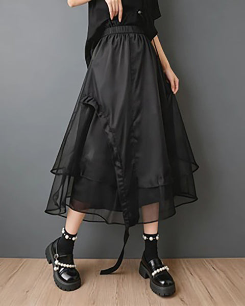 ellazhu Women's Black Organza Midi Skirt Elastic Waist Asymmetrical Layered Drawstring Puffy Skirt Elegant GZ894