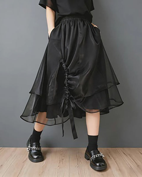 ellazhu Women's Black Organza Midi Skirt Elastic Waist Asymmetrical Layered Drawstring Puffy Skirt Elegant GZ894