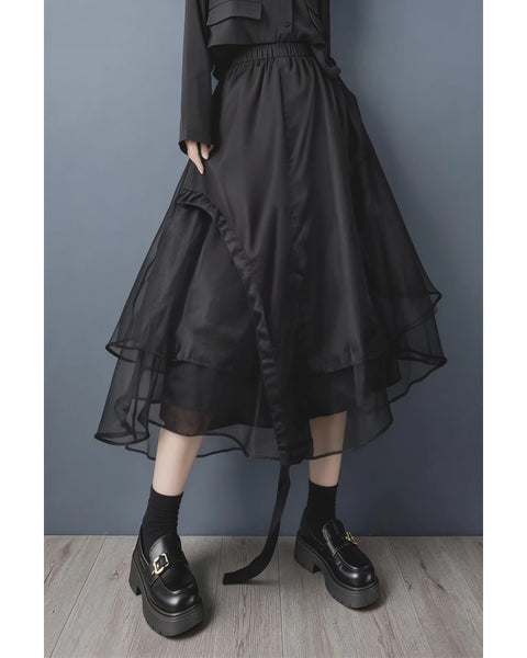 ellazhu Women's Black Organza Midi Skirt Elastic Waist Asymmetrical Layered Drawstring Puffy Skirt Elegant GZ894