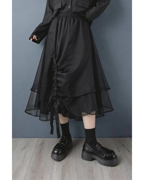 ellazhu Women's Black Organza Midi Skirt Elastic Waist Asymmetrical Layered Drawstring Puffy Skirt Elegant GZ894