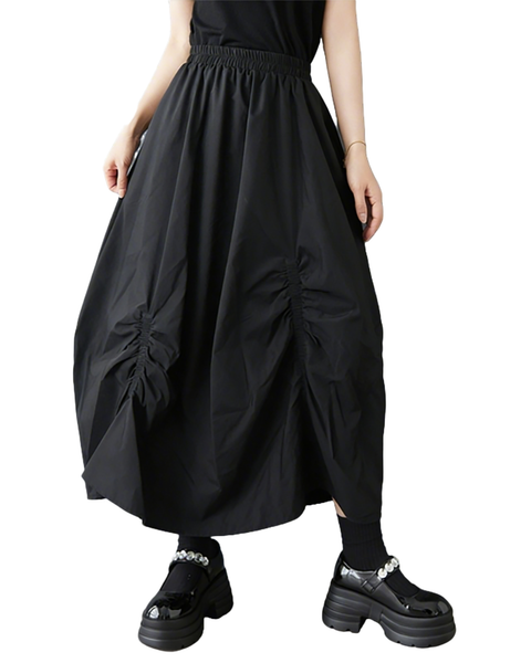 ellazhu Women's Asymmetrical Pleated Skirt Elastic Waist High Waist Midi Skirt Loose Plus Size Puffy Hem Gothic GZ895