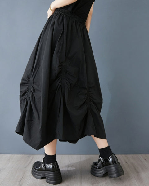 ellazhu Women's Asymmetrical Pleated Skirt Elastic Waist High Waist Midi Skirt Loose Plus Size Puffy Hem Gothic GZ895