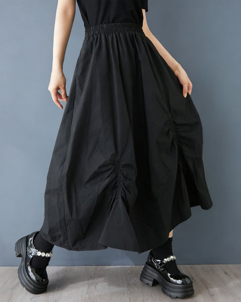 ellazhu Women's Asymmetrical Pleated Skirt Elastic Waist High Waist Midi Skirt Loose Plus Size Puffy Hem Gothic GZ895