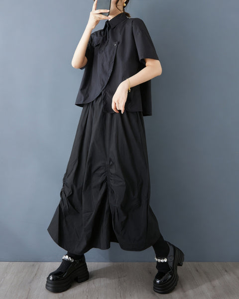 ellazhu Women's Asymmetrical Pleated Skirt Elastic Waist High Waist Midi Skirt Loose Plus Size Puffy Hem Gothic GZ895