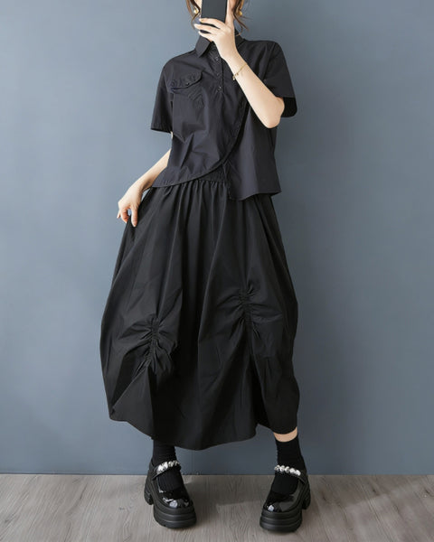 ellazhu Women's Asymmetrical Pleated Skirt Elastic Waist High Waist Midi Skirt Loose Plus Size Puffy Hem Gothic GZ895