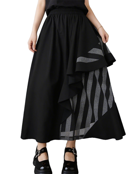 ellazhu Women's Asymmetrical Midi Skirt Elastic Waist Striped Patchwork Layered Flowy Hem A line Plus Size GZ896