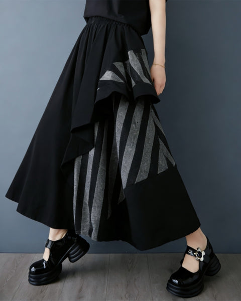 ellazhu Women's Asymmetrical Midi Skirt Elastic Waist Striped Patchwork Layered Flowy Hem A line Plus Size GZ896
