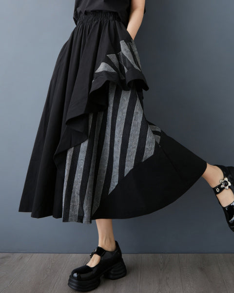 ellazhu Women's Asymmetrical Midi Skirt Elastic Waist Striped Patchwork Layered Flowy Hem A line Plus Size GZ896