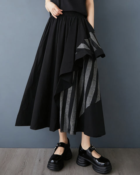 ellazhu Women's Asymmetrical Midi Skirt Elastic Waist Striped Patchwork Layered Flowy Hem A line Plus Size GZ896