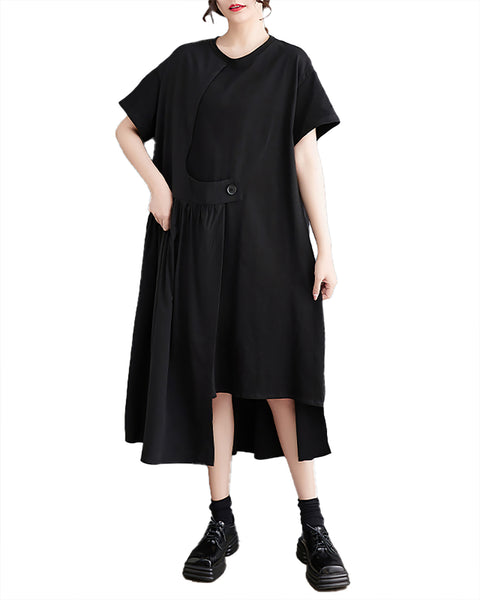 ellazhu Women's Asymmetrical Pleated Midi Dress Loose Fit Plus Size Button Detail Flowy Hem Short Sleeve GZ897