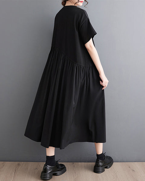 ellazhu Women's Asymmetrical Pleated Midi Dress Loose Fit Plus Size Button Detail Flowy Hem Short Sleeve GZ897
