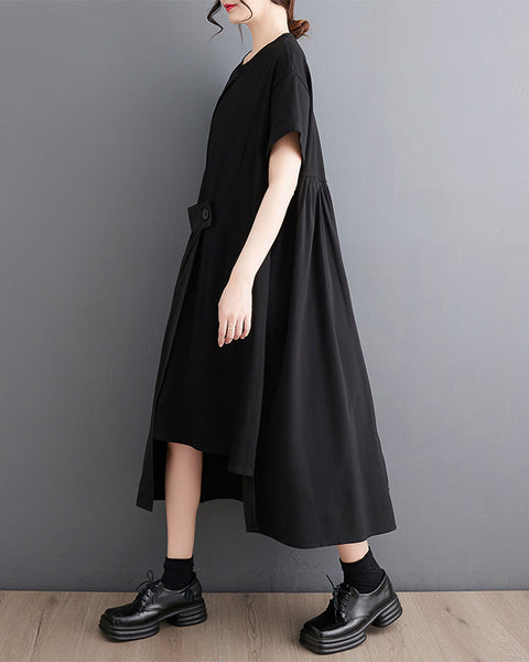 ellazhu Women's Asymmetrical Pleated Midi Dress Loose Fit Plus Size Button Detail Flowy Hem Short Sleeve GZ897