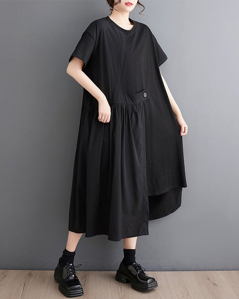 ellazhu Women's Asymmetrical Pleated Midi Dress Loose Fit Plus Size Button Detail Flowy Hem Short Sleeve GZ897
